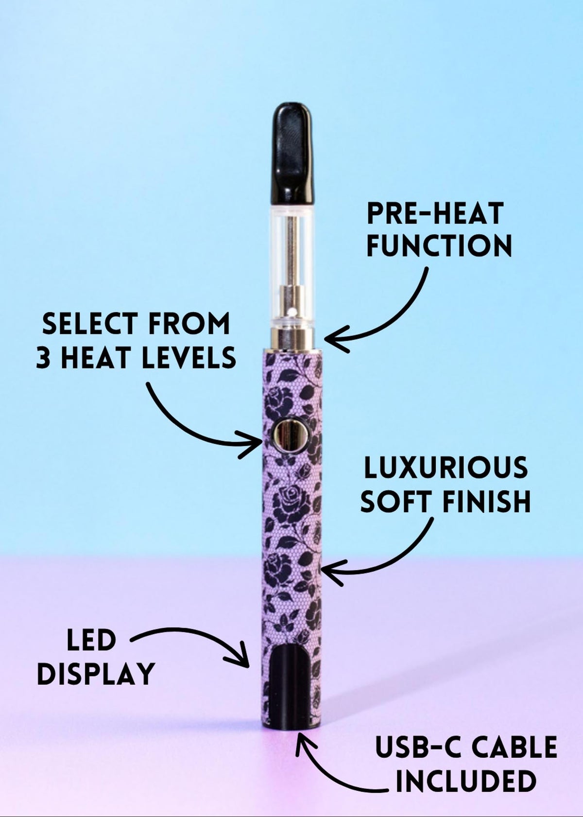 A purple and black lace pen battery shown with text callouts explaining features like pre-heat function, LED display, USB-C cable, and soft finish, set against a blue and purple gradient background.