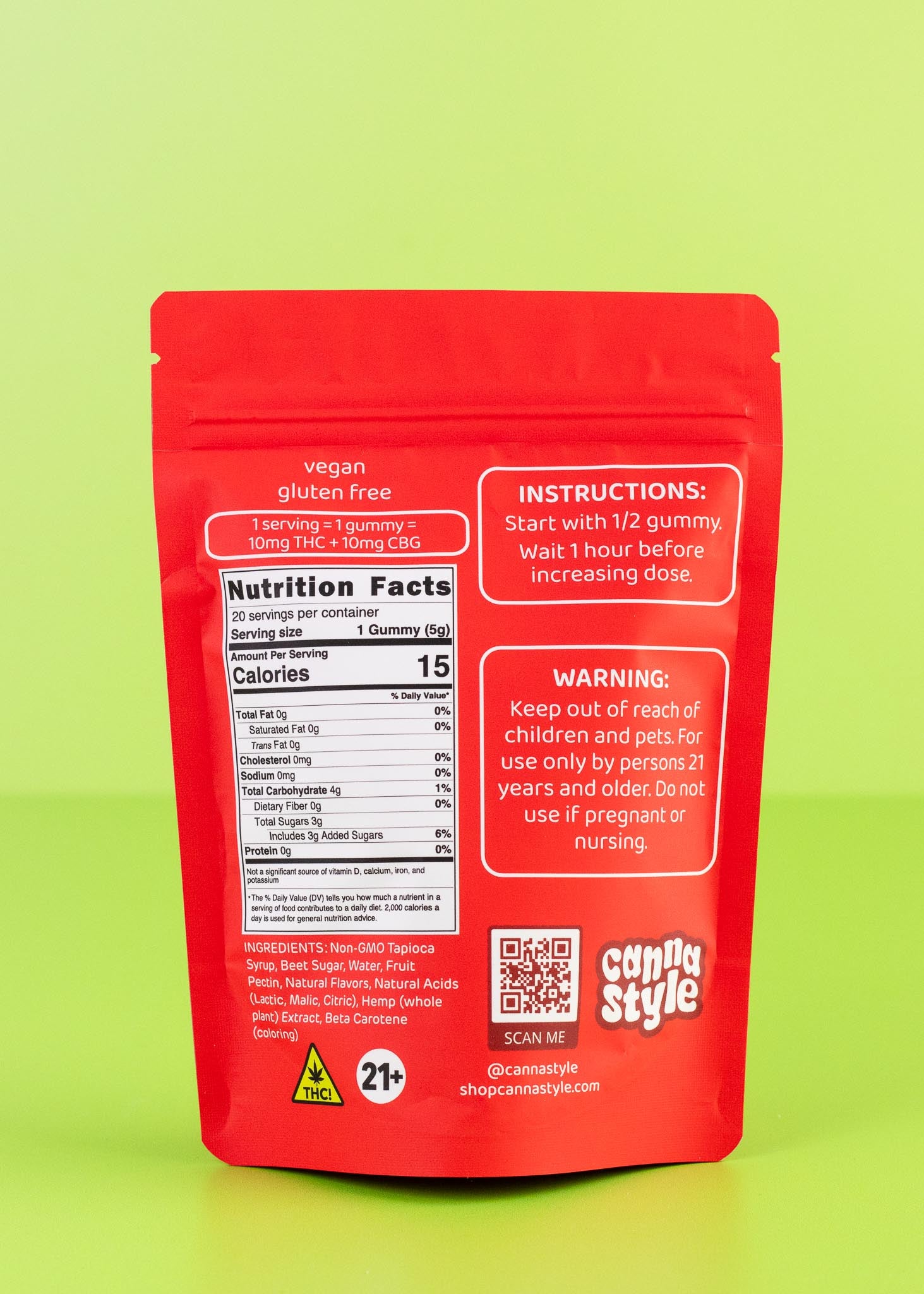 Red package with nutritional information and instructions on a green background