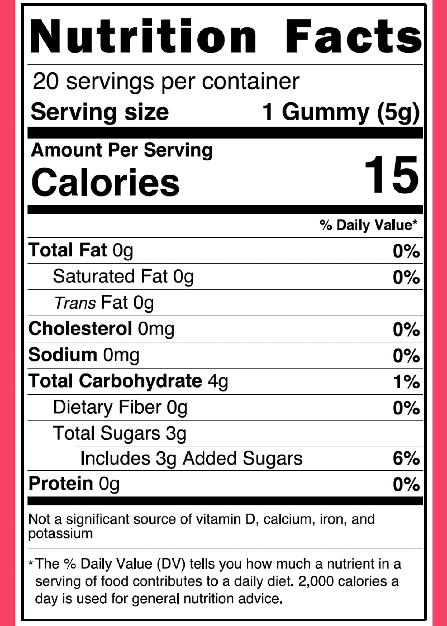 Nutrition facts label for a gummy with serving size, calories, and nutritional content.