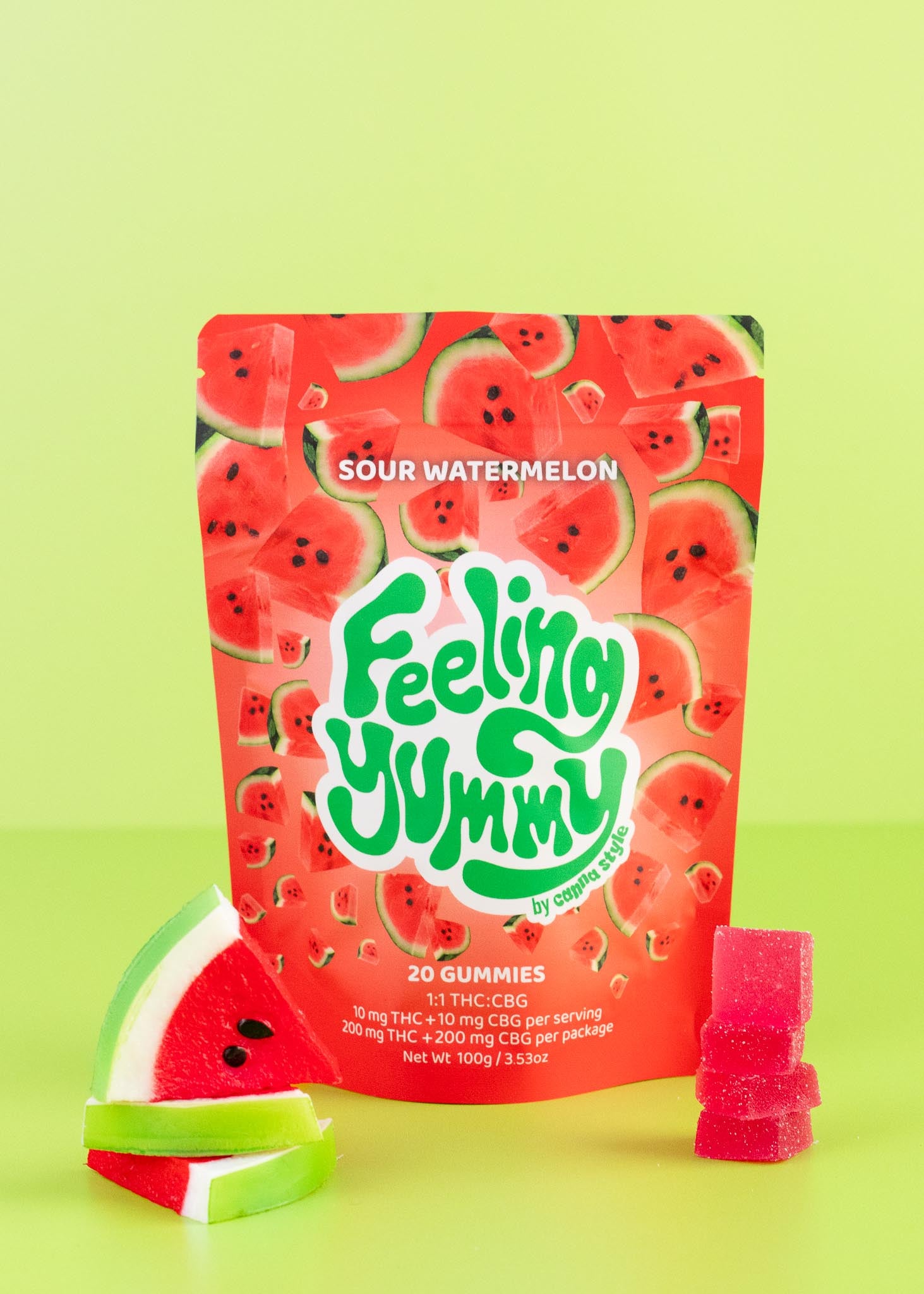 Feelino Yummy Sour Watermelon gummies packaging on a green background