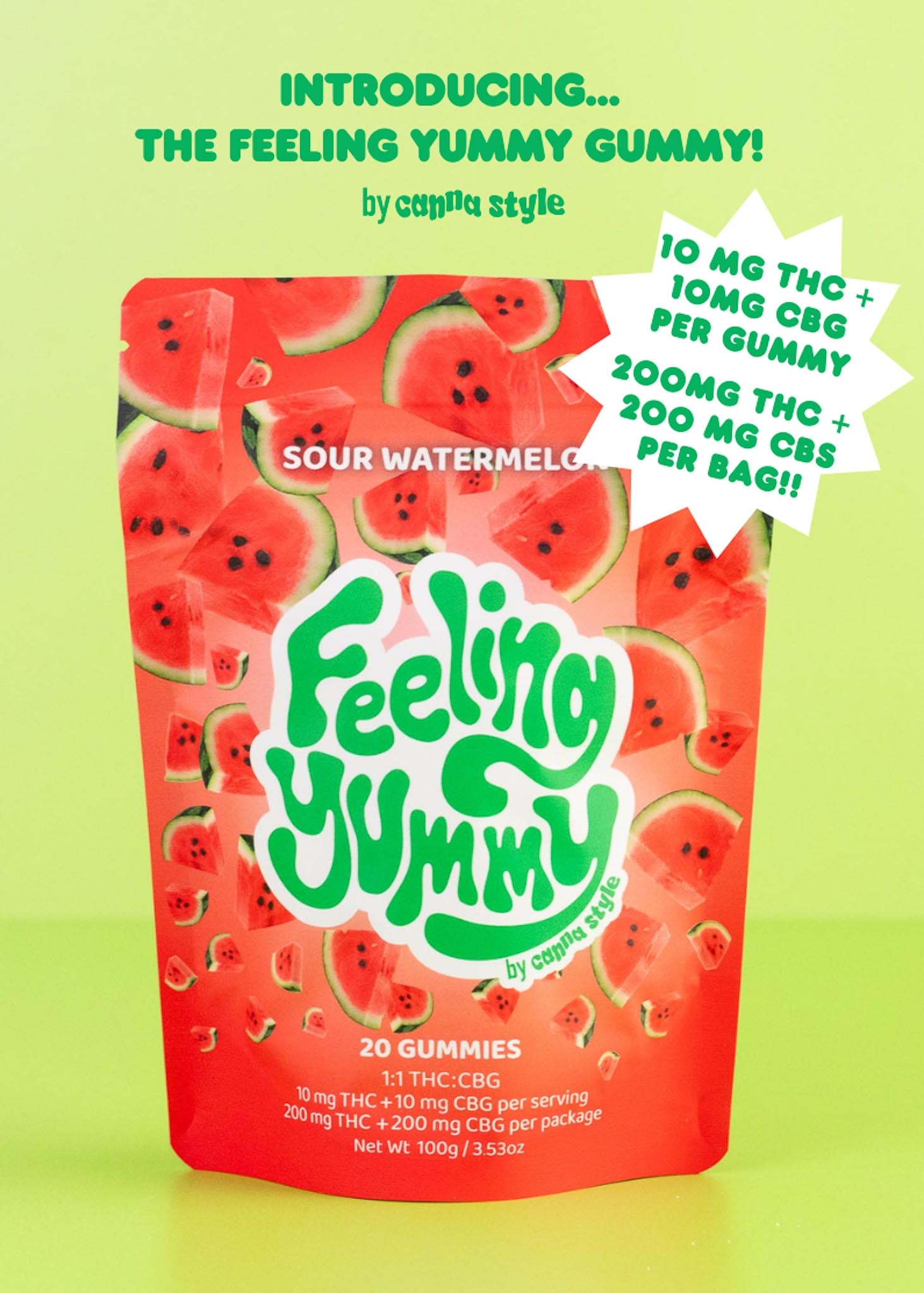 Feeling Yummy gummy packaging with watermelon design on a green background